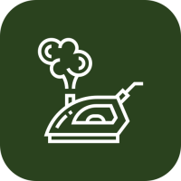 Icon of a steam iron, white on a dark green background