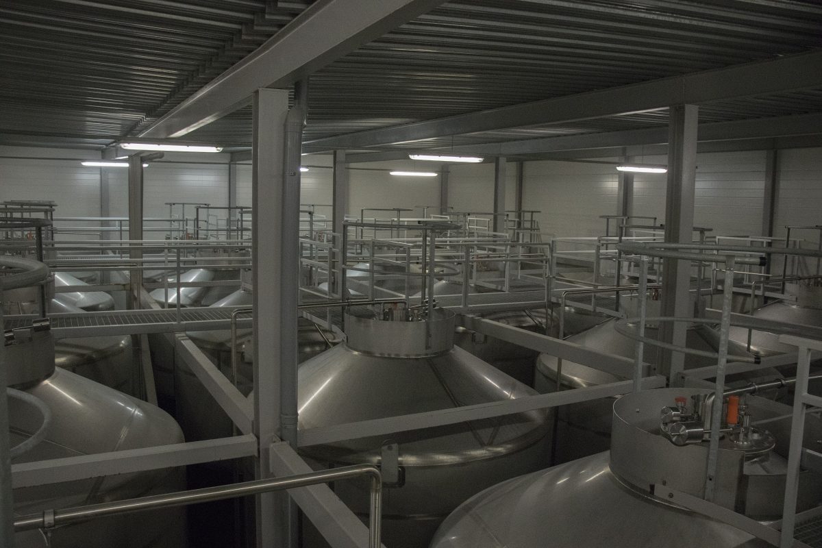 Rij roestvrijstalen gistkuipen in een brouwerij