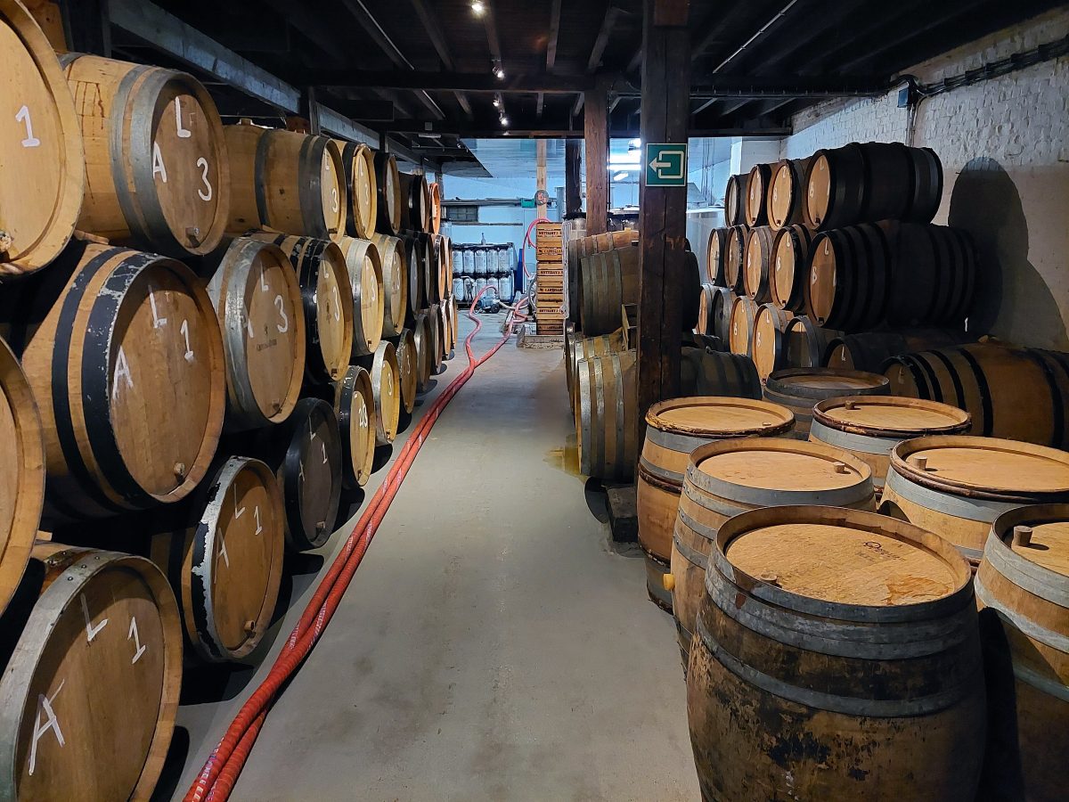 Rijen houten vaten waarin lambiek ligt te rijpen in een Brusselse brouwerij