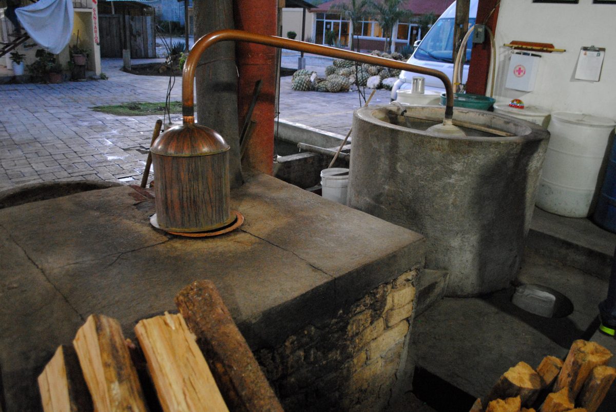 Koperen alambiek met zwanenhals op een gemetselde stookplaats met brandhout in een mezcalstokerij in Oaxaca