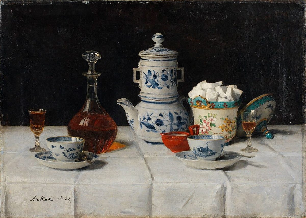 Schilderij van een stilleven met een koffiekopje en een fles cognac
