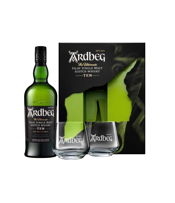 Arbeg 10 Years old Islay single malt whisky geschenk + 2 glazen, fles bij slijterij t Bockje in Bathmen