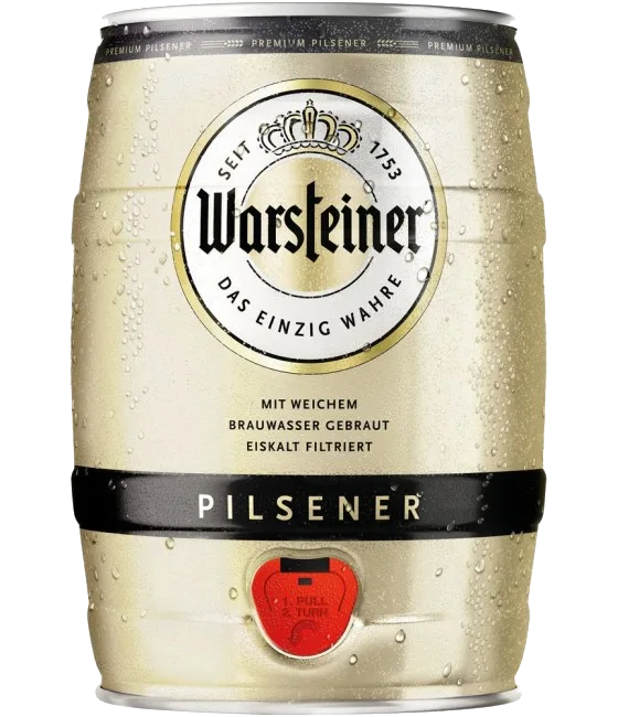 Warsteiner pils tapblik 5 liter, fles bij slijterij t Bockje in Bathmen