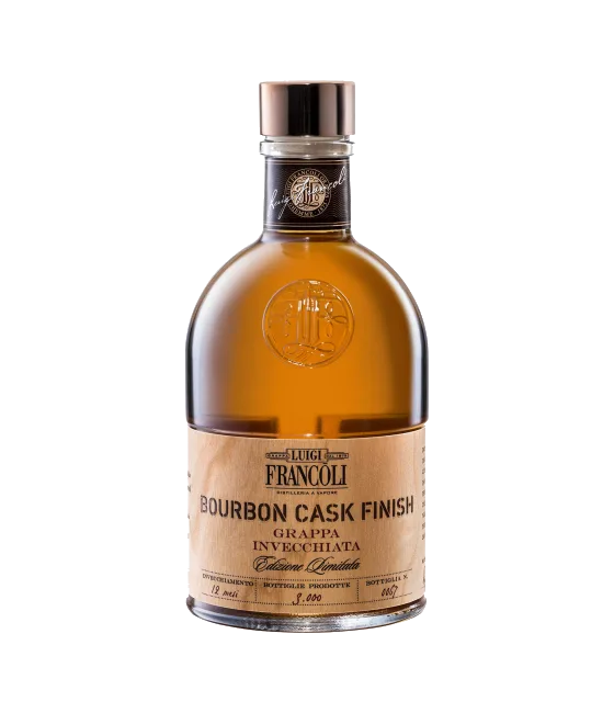 Francoli Grappa Bourbon Cask Finish, fles bij slijterij t Bockje in Bathmen