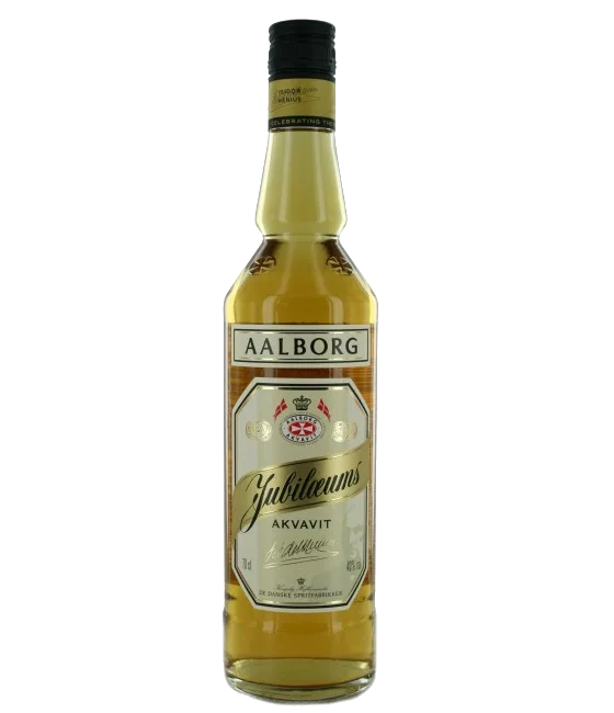 Aalborg Jubileum Akvavit, fles bij slijterij t Bockje in Bathmen