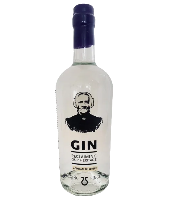 Wagging Finger Gin Admiraal de Ruyter, fles bij slijterij t Bockje in Bathmen