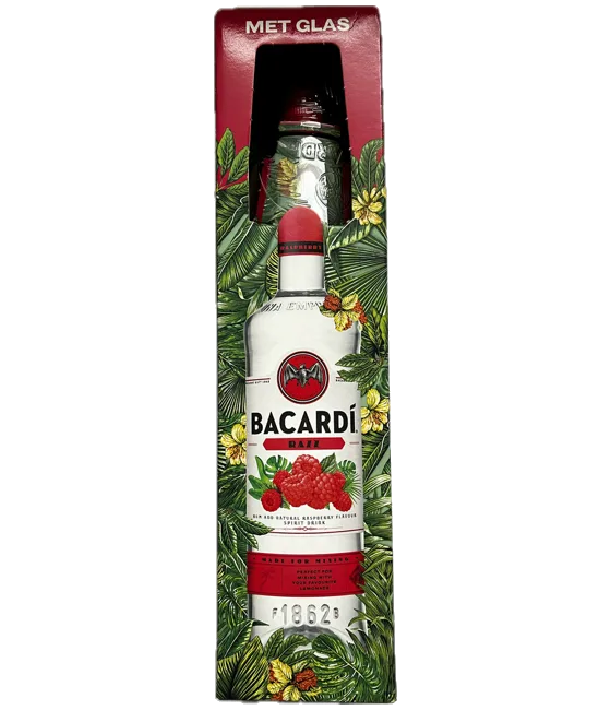 Bacardi Razz + origineel Bacardi Glas On Pack, fles bij slijterij t Bockje in Bathmen