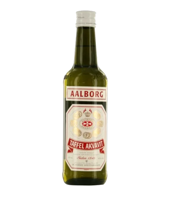 Aalborg Taffel Akvavit, fles bij slijterij t Bockje in Bathmen