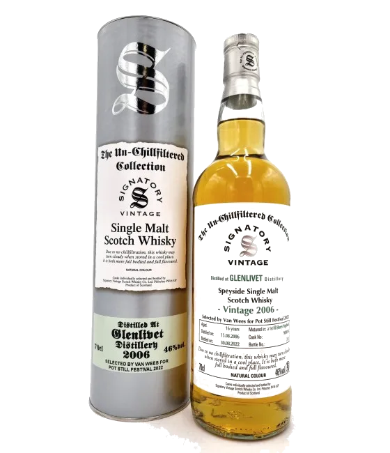 Signatory Un-Chillfiltered Glenlivet 16Y 2006 Van Wees Pot Still Festival 2022, fles bij slijterij t Bockje in Bathmen