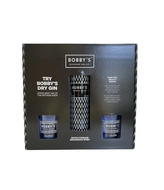 Bobby’s Gin giftpack, fles bij slijterij t Bockje in Bathmen