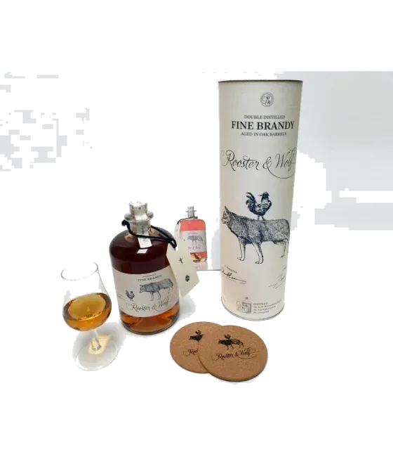 Rooster & Wolf Fine Brandy Giftpack, fles bij slijterij t Bockje in Bathmen