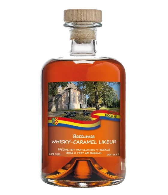 Battumse Whisky-Caramel Likeur, fles bij slijterij t Bockje in Bathmen