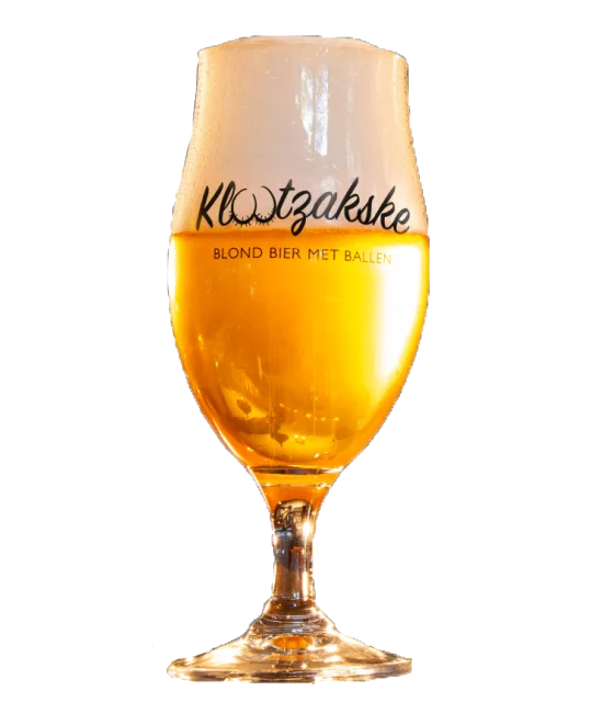 Klootzakske Blond bierglas, fles bij slijterij t Bockje in Bathmen