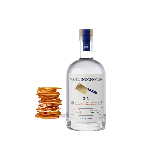 Van Linschoten Slagers Gin, fles bij slijterij t Bockje in Bathmen