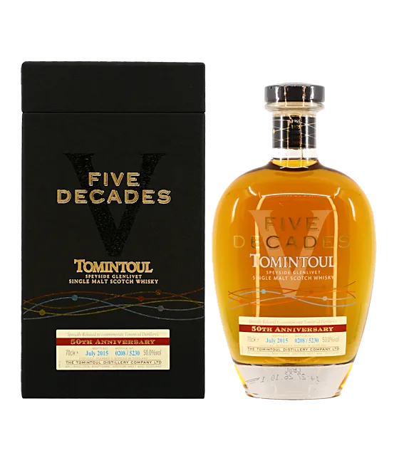 Tomintoul Five Decades Speyside Single Malt Whisky, fles bij slijterij t Bockje in Bathmen
