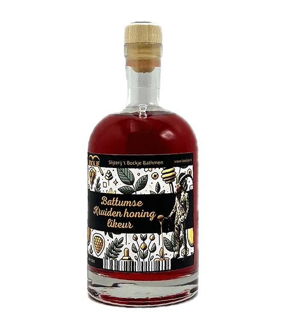 Battumse Kruiden likeur met honing, fles bij slijterij t Bockje in Bathmen