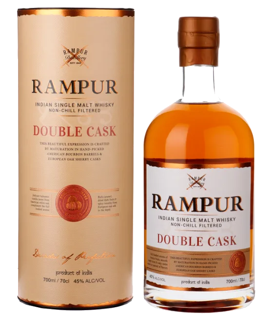 Rampur Double Cask Indian Single Malt Whisky, fles bij slijterij t Bockje in Bathmen
