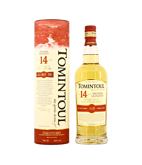 TOMINTOUL 14 YEARS OLD Speyside Single Malt Whisky, fles bij slijterij t Bockje in Bathmen