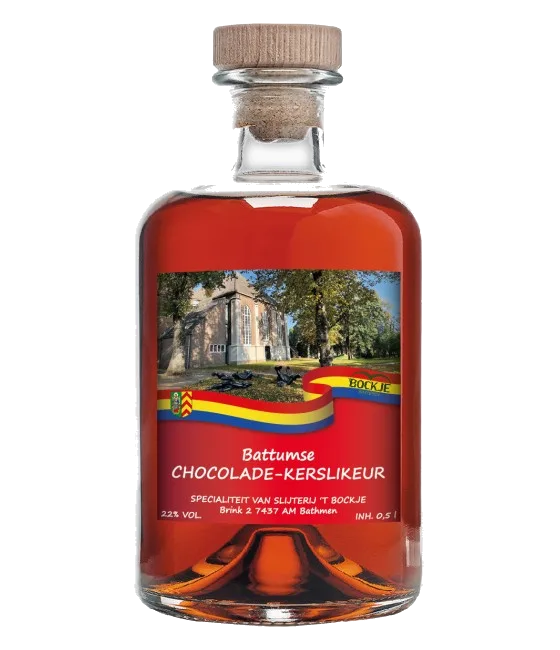 Battumse Chocolade-kerslikeur, fles bij slijterij t Bockje in Bathmen