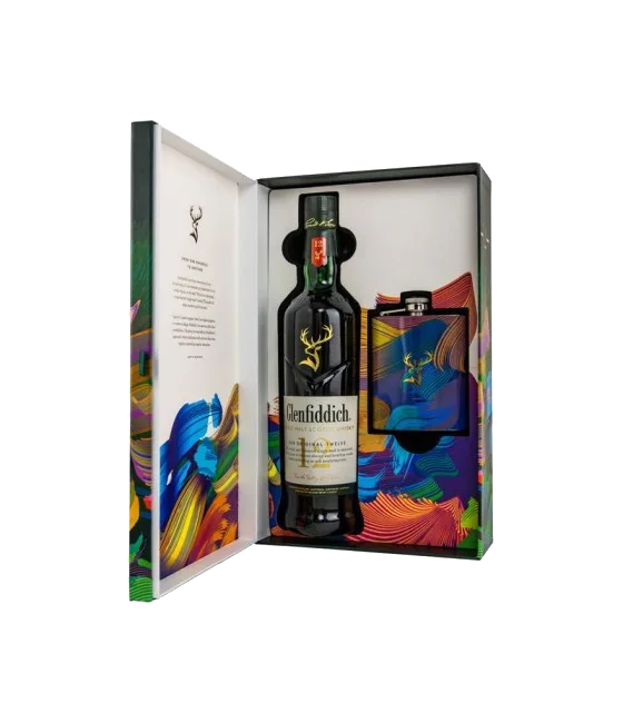 Glenfiddich 12Y Limited Design Giftpack + heupfles, fles bij slijterij t Bockje in Bathmen