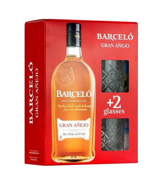 Ron Barcelo Gran Anejo 70cl + 2 glz, fles bij slijterij t Bockje in Bathmen