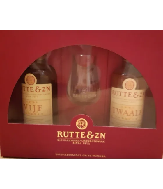 Rutte Oude Jenever Vijf en Oude Jenever Twaalf geschenkpakket, fles bij slijterij t Bockje in Bathmen
