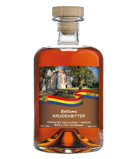 Battums Kruidenbitter, fles bij slijterij t Bockje in Bathmen