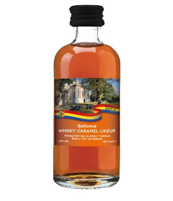 Battumse Whisky-Caramel Likeur Mini, fles bij slijterij t Bockje in Bathmen