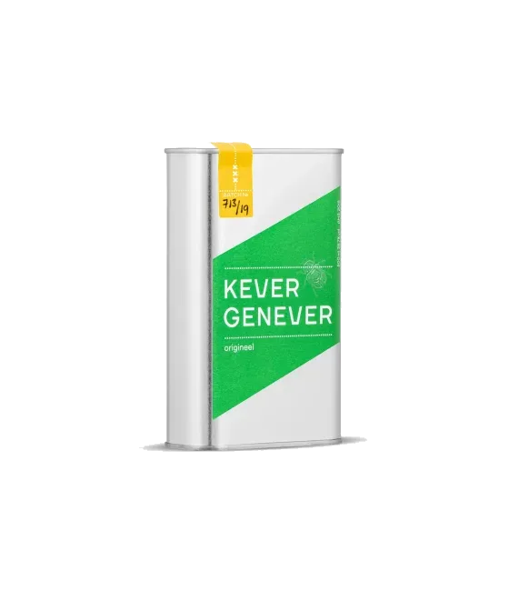 Kever Genever in Blik, fles bij slijterij t Bockje in Bathmen