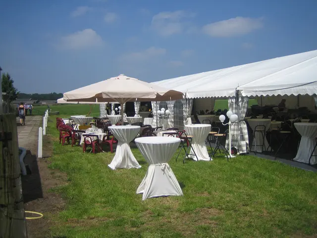 Partytent met statafels en zitjes op een grasveld